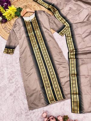 Coffee jaquard kanchi cotton round neck kurti dupatta set 4