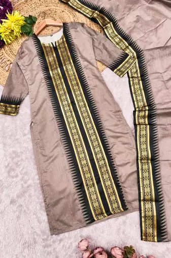 Coffee jaquard kanchi cotton round neck kurti dupatta set