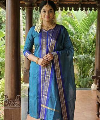 Firozi jaquard kanchi cotton round neck kurti dupatta set 1