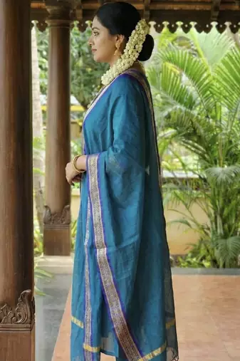 Firozi jaquard kanchi cotton round neck kurti dupatta set