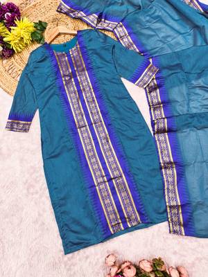 Firozi jaquard kanchi cotton round neck kurti dupatta set 4