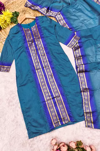 Firozi jaquard kanchi cotton round neck kurti dupatta set