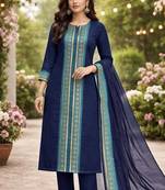 N.blue jaquard kanchi cotton round neck kurti dupatta set