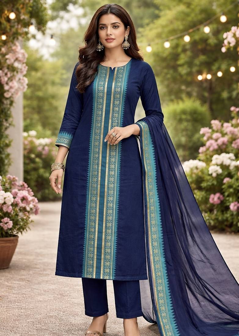 N.blue jaquard kanchi cotton round neck kurti dupatta set