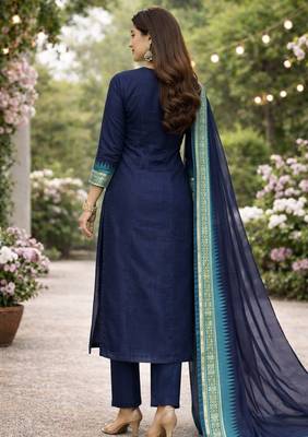 N.blue jaquard kanchi cotton round neck kurti dupatta set 2