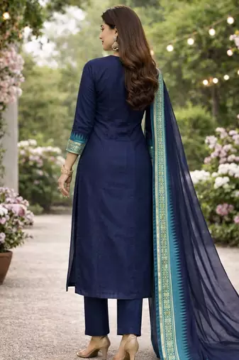 N.blue jaquard kanchi cotton round neck kurti dupatta set