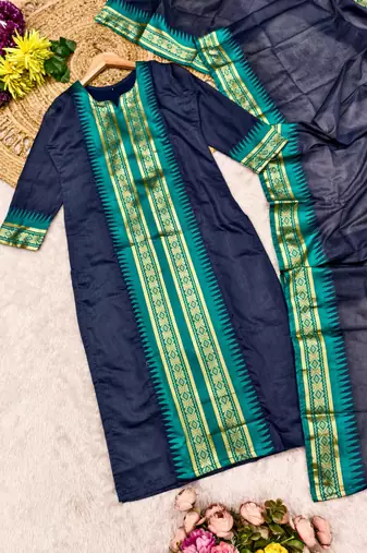 N.blue jaquard kanchi cotton round neck kurti dupatta set