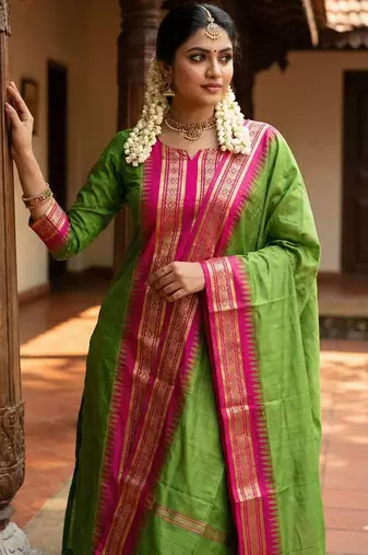 Parrot jaquard kanchi cotton round neck kurti dupatta set
