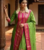 Parrot jaquard kanchi cotton round neck kurti dupatta set