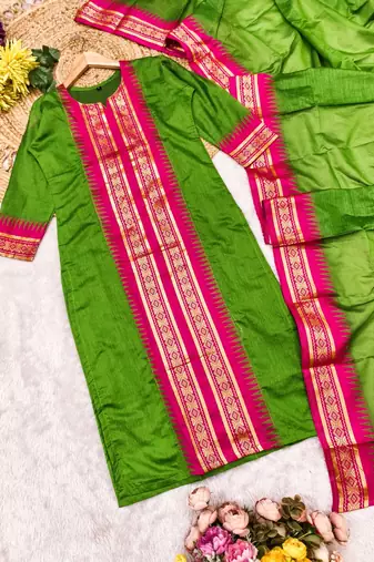 Parrot jaquard kanchi cotton round neck kurti dupatta set