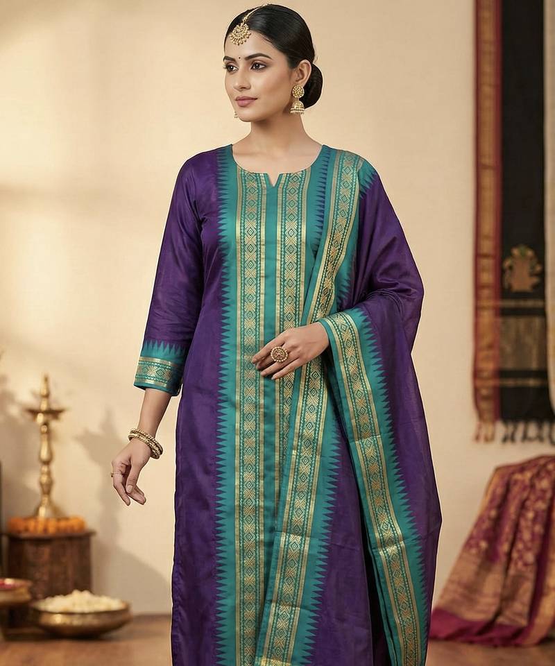 Wine jaquard kanchi cotton round neck kurti dupatta set
