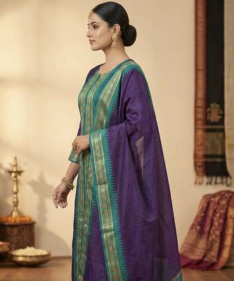Wine jaquard kanchi cotton round neck kurti dupatta set 2