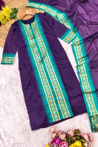 Wine jaquard kanchi cotton round neck kurti dupatta set