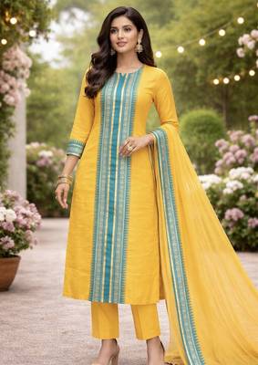 Yellow jaquard kanchi cotton round neck kurti dupatta set 1
