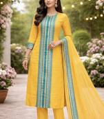 Yellow jaquard kanchi cotton round neck kurti dupatta set