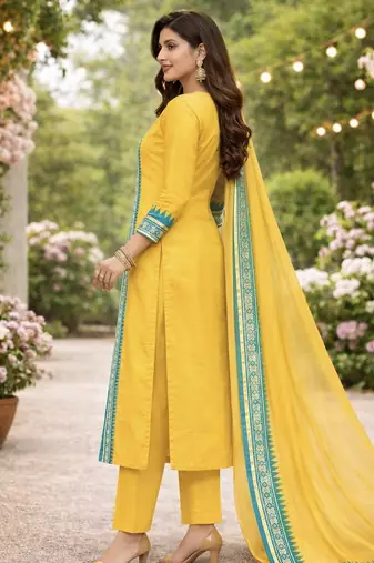 Yellow jaquard kanchi cotton round neck kurti dupatta set