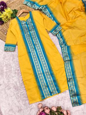 Yellow jaquard kanchi cotton round neck kurti dupatta set 4