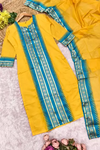Yellow jaquard kanchi cotton round neck kurti dupatta set