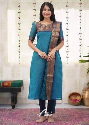 Firozi jaquard kanchi cotton v neck kurti dupatta set 1