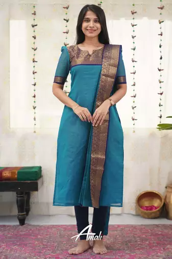 Firozi jaquard kanchi cotton v neck kurti dupatta set