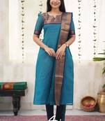 Firozi jaquard kanchi cotton v neck kurti dupatta set
