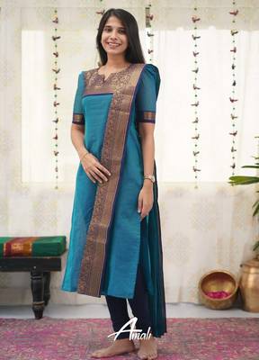 Firozi jaquard kanchi cotton v neck kurti dupatta set 2