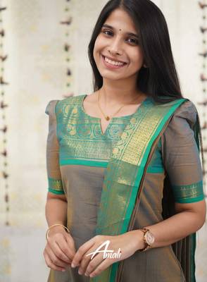 Grey jaquard kanchi cotton v neck kurti dupatta set 2
