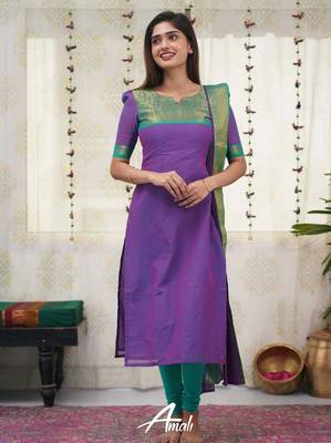 Wine jaquard kanchi cotton v neck kurti dupatta set 1