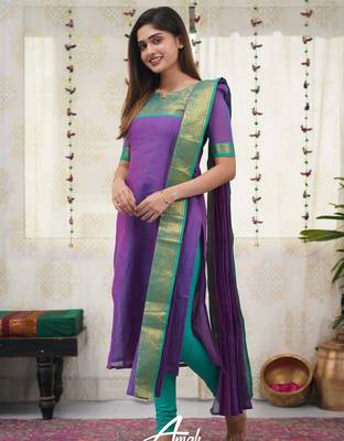 Wine jaquard kanchi cotton v neck kurti dupatta set 2