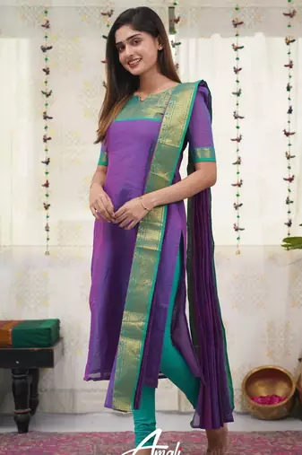 Wine jaquard kanchi cotton v neck kurti dupatta set