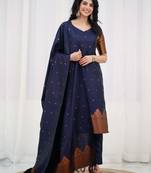 Blue jaquard kanchi cotton v neck kurti dupatta and pant  set
