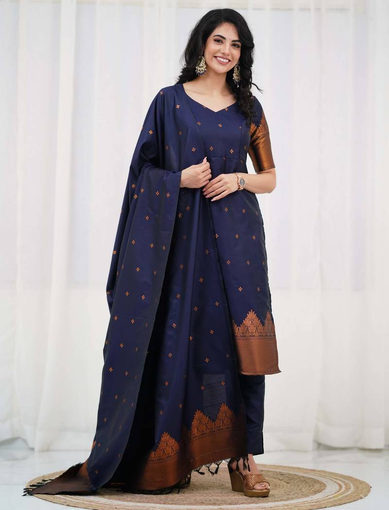 Blue jaquard kanchi cotton v neck kurti dupatta and pant  set
