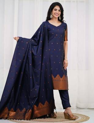 Blue jaquard kanchi cotton v neck kurti dupatta and pant  set 3