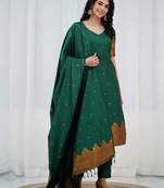 Green jaquard kanchi cotton v neck kurti dupatta and pant  set