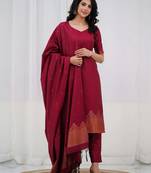 Maroon jaquard kanchi cotton v_neck kurti dupatta and pant  set