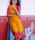Yellow jaquard kanchi cotton v neck kurti dupatta set