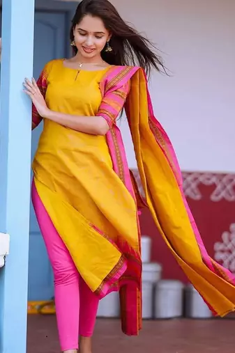 Yellow jaquard kanchi cotton v neck kurti dupatta set