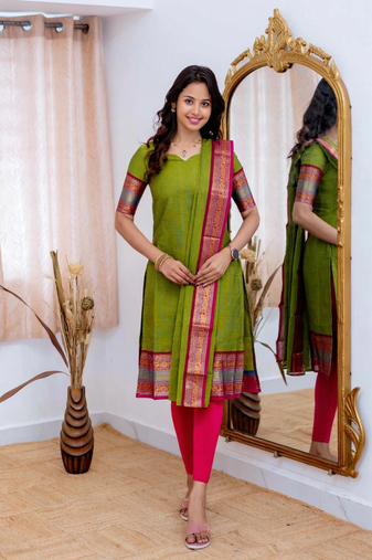 Lime green jaquard kanchi cotton v neck kurti dupatta set