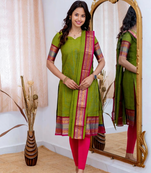 Lime green jaquard kanchi cotton v neck kurti dupatta set