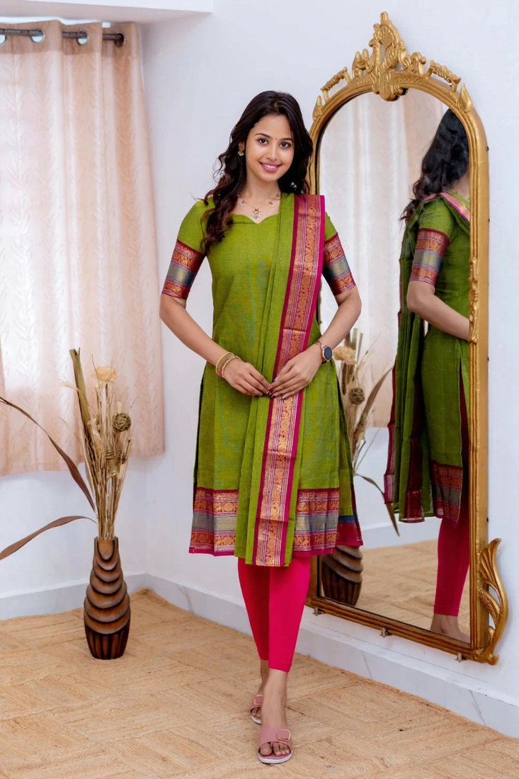 Lime green jaquard kanchi cotton v neck kurti dupatta set