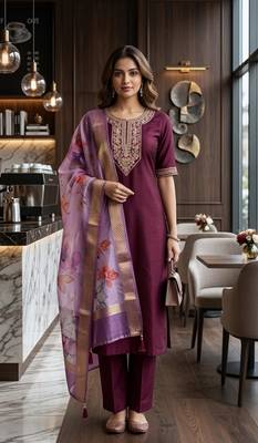 Wine coding sequence embroidered kurta with trouser & dupatta 1