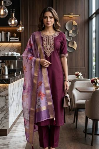 Wine coding sequence embroidered kurta with trouser & dupatta