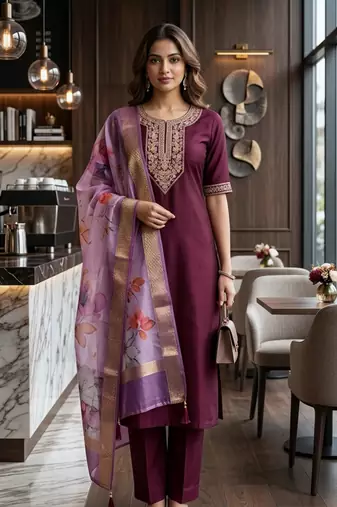 Wine coding sequence embroidered kurta with trouser & dupatta