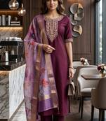 Wine coding sequence embroidered kurta with trouser & dupatta