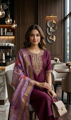 Wine coding sequence embroidered kurta with trouser & dupatta 3