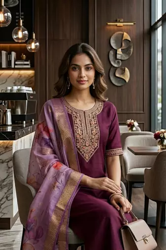 Wine coding sequence embroidered kurta with trouser & dupatta
