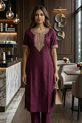Wine coding sequence embroidered kurta with trouser & dupatta