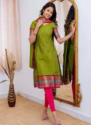 Lime green jaquard kanchi cotton v neck kurti dupatta set 4