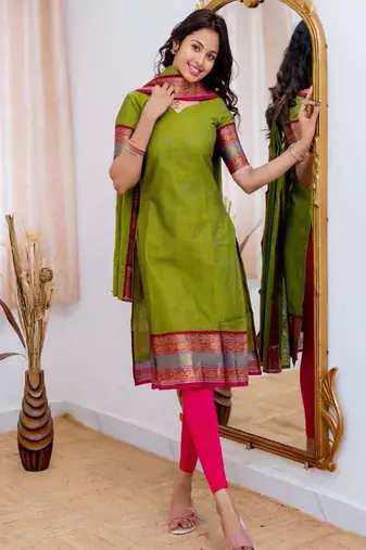 Lime green jaquard kanchi cotton v neck kurti dupatta set