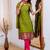 Lime green jaquard kanchi cotton v neck kurti dupatta set